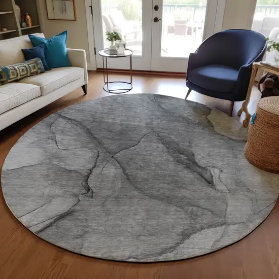 8' Gray Silver And Charcoal Round Abstract Washable Indoor Outdoor Area Rug Photo 6