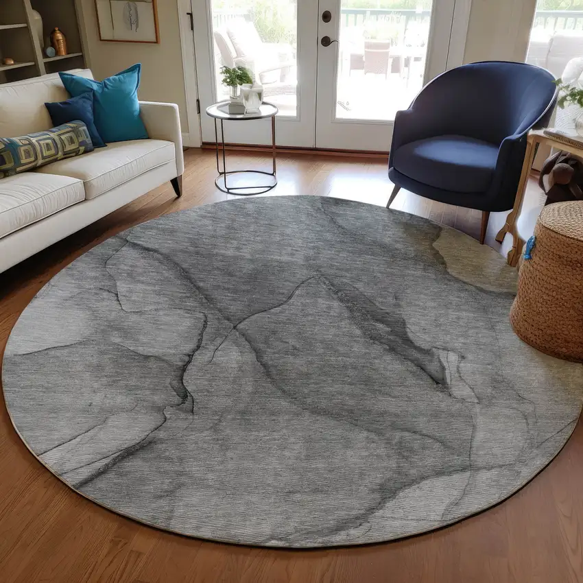 8' Gray Silver And Charcoal Round Abstract Washable Indoor Outdoor Area Rug Photo 6