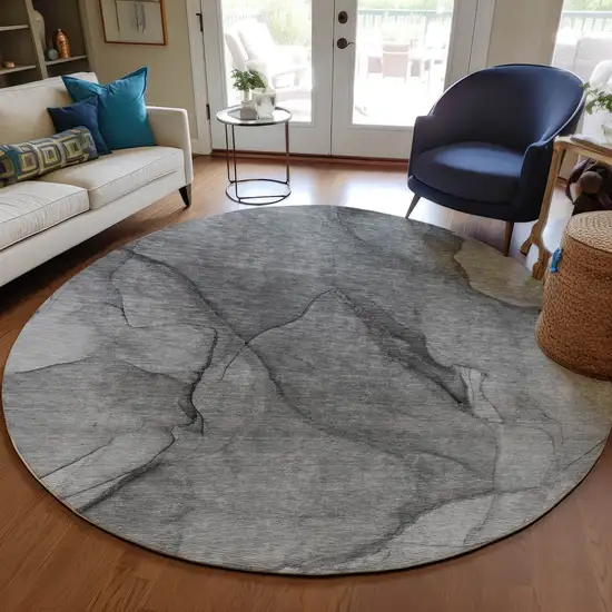 8' Gray Silver And Charcoal Round Abstract Washable Indoor Outdoor Area Rug Photo 6