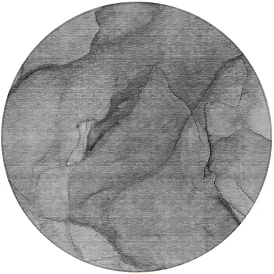 8' Gray Silver And Charcoal Round Abstract Washable Indoor Outdoor Area Rug Photo 4