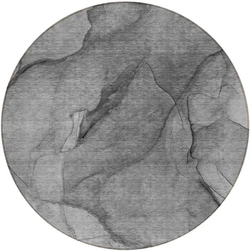 8' Gray Silver And Charcoal Round Abstract Washable Indoor Outdoor Area Rug Photo 4