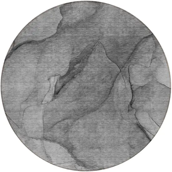 8' Gray Silver And Charcoal Round Abstract Washable Indoor Outdoor Area Rug Photo 4
