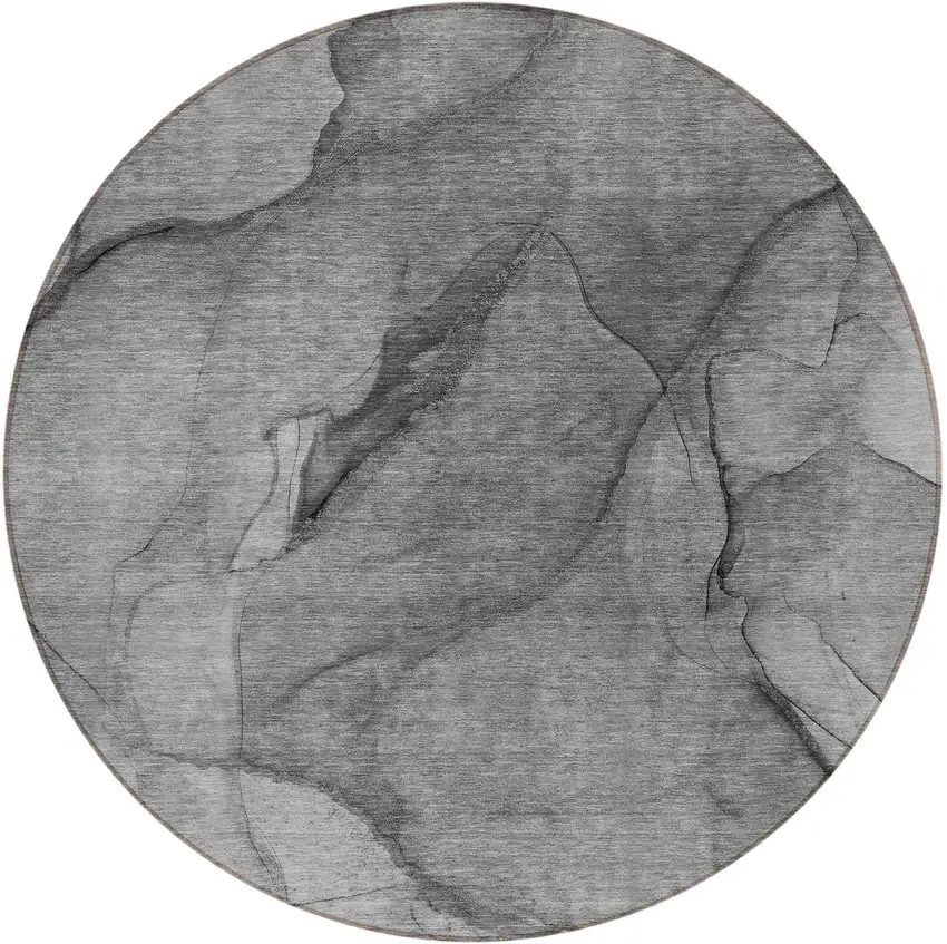 8' Gray Silver And Charcoal Round Abstract Washable Indoor Outdoor Area Rug Photo 4