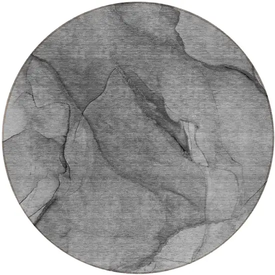8' Gray Silver And Charcoal Round Abstract Washable Indoor Outdoor Area Rug Photo 2