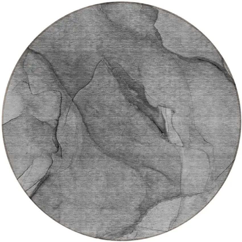 8' Gray Silver And Charcoal Round Abstract Washable Indoor Outdoor Area Rug Photo 2