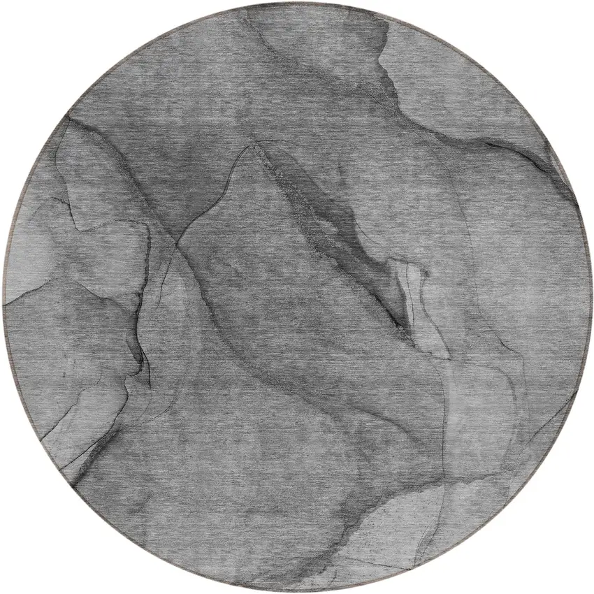 8' Gray Silver And Charcoal Round Abstract Washable Indoor Outdoor Area Rug Photo 2