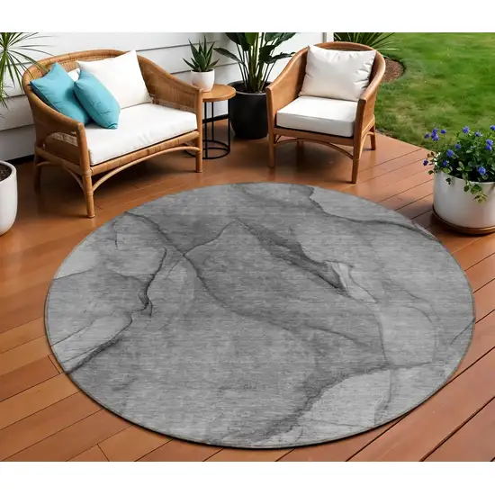 8' Gray Silver And Charcoal Round Abstract Washable Indoor Outdoor Area Rug Photo 1