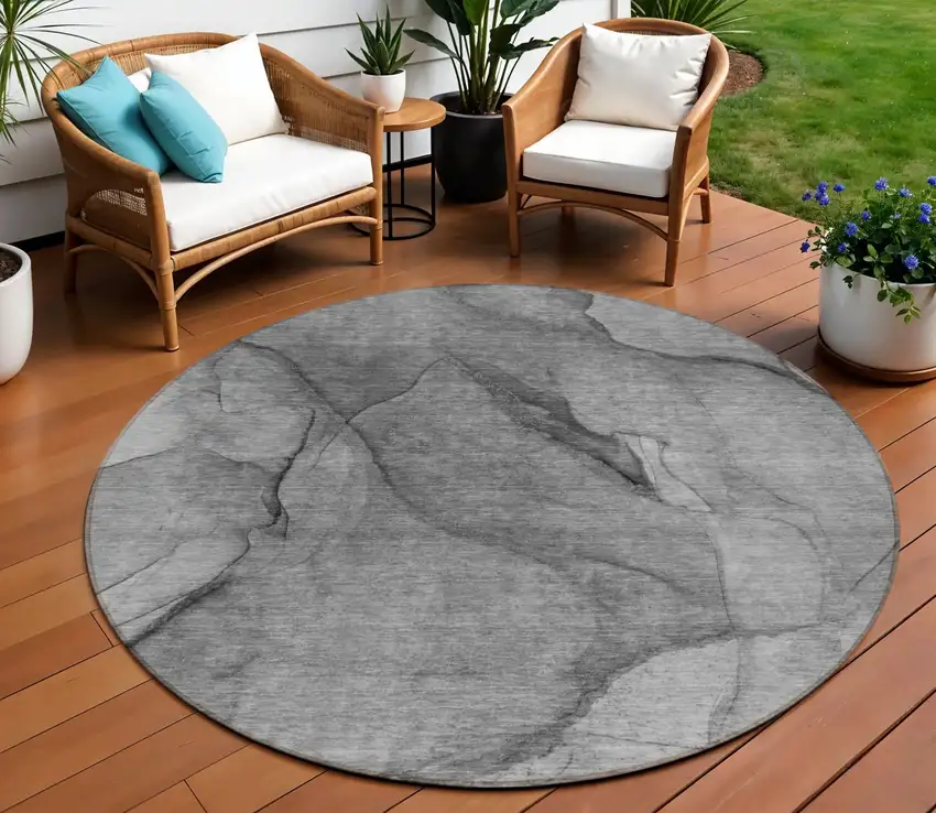 8' Gray Silver And Charcoal Round Abstract Washable Indoor Outdoor Area Rug Photo 1