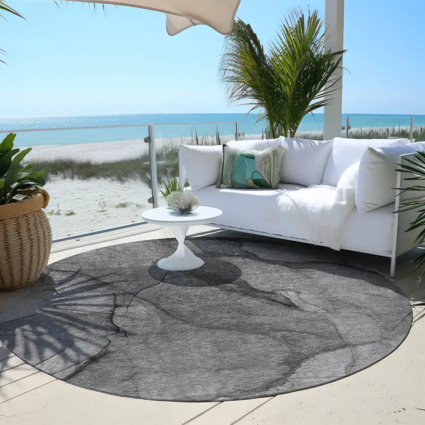 8' Gray Silver And Charcoal Round Abstract Washable Indoor Outdoor Area Rug Photo 5