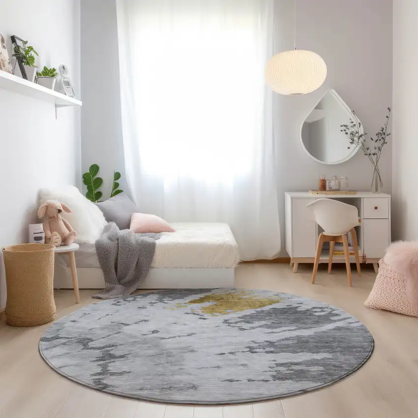 8' Gray Silver And Charcoal Round Abstract Washable Indoor Outdoor Area Rug Photo 7