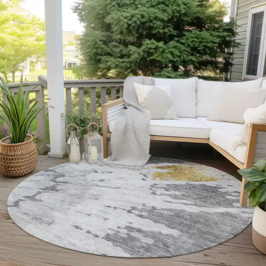 8' Gray Silver And Charcoal Round Abstract Washable Indoor Outdoor Area Rug Photo 6