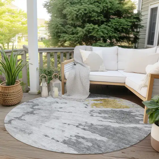 8' Gray Silver And Charcoal Round Abstract Washable Indoor Outdoor Area Rug Photo 6