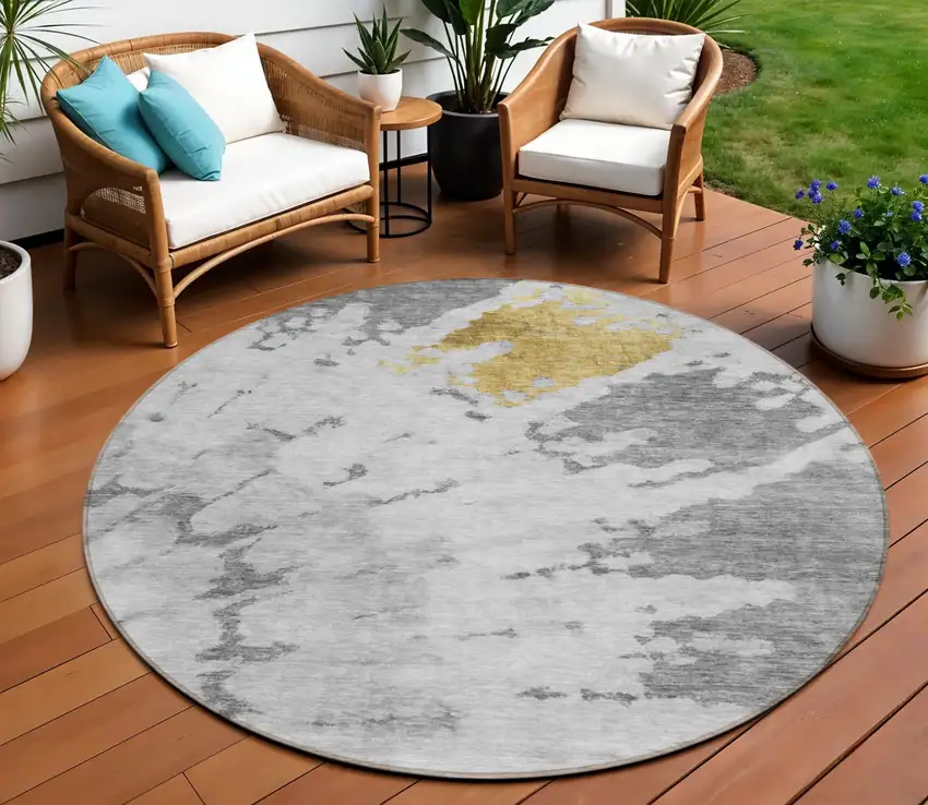 8' Gray Silver And Charcoal Round Abstract Washable Indoor Outdoor Area Rug Photo 1