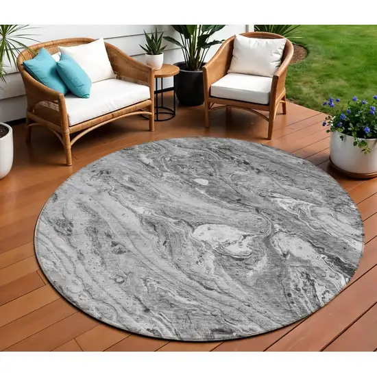 8' Gray Silver And Charcoal Round Abstract Washable Indoor Outdoor Area Rug Photo 1