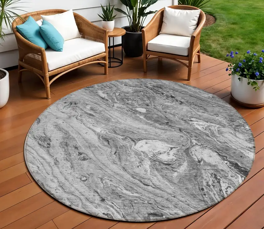 8' Gray Silver And Charcoal Round Abstract Washable Indoor Outdoor Area Rug Photo 1