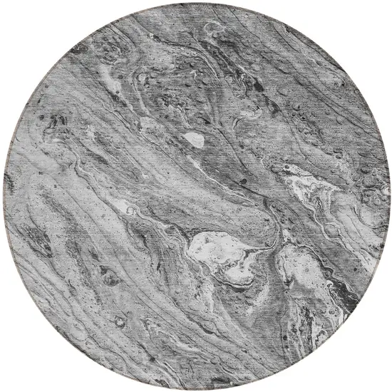 8' Gray Silver And Charcoal Round Abstract Washable Indoor Outdoor Area Rug Photo 1