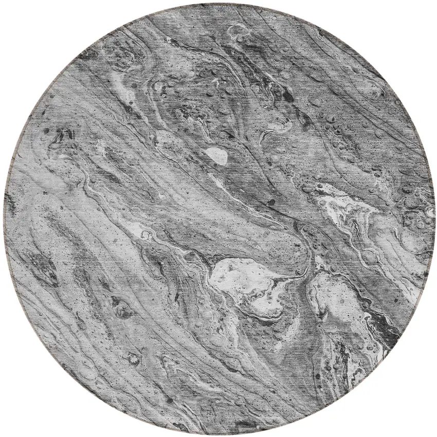 8' Gray Silver And Charcoal Round Abstract Washable Indoor Outdoor Area Rug Photo 1