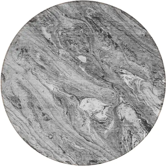 8' Gray Silver And Charcoal Round Abstract Washable Indoor Outdoor Area Rug Photo 1