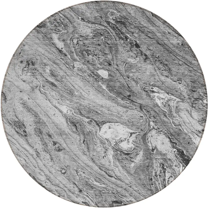 8' Gray Silver And Charcoal Round Abstract Washable Indoor Outdoor Area Rug Photo 1