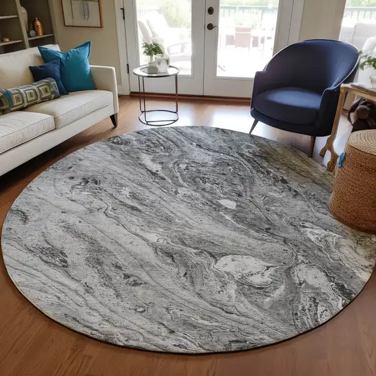 8' Gray Silver And Charcoal Round Abstract Washable Indoor Outdoor Area Rug Photo 7