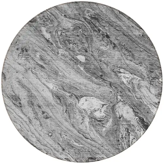 8' Gray Silver And Charcoal Round Abstract Washable Indoor Outdoor Area Rug Photo 4