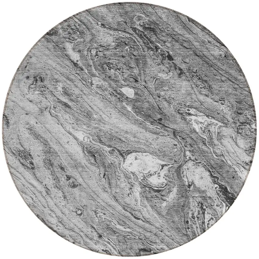 8' Gray Silver And Charcoal Round Abstract Washable Indoor Outdoor Area Rug Photo 4
