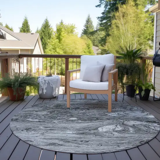 8' Gray Silver And Charcoal Round Abstract Washable Indoor Outdoor Area Rug Photo 6