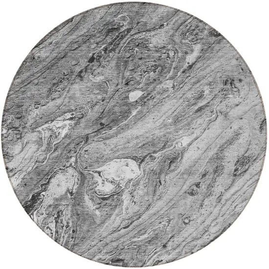 8' Gray Silver And Charcoal Round Abstract Washable Indoor Outdoor Area Rug Photo 5
