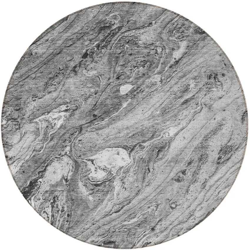8' Gray Silver And Charcoal Round Abstract Washable Indoor Outdoor Area Rug Photo 5