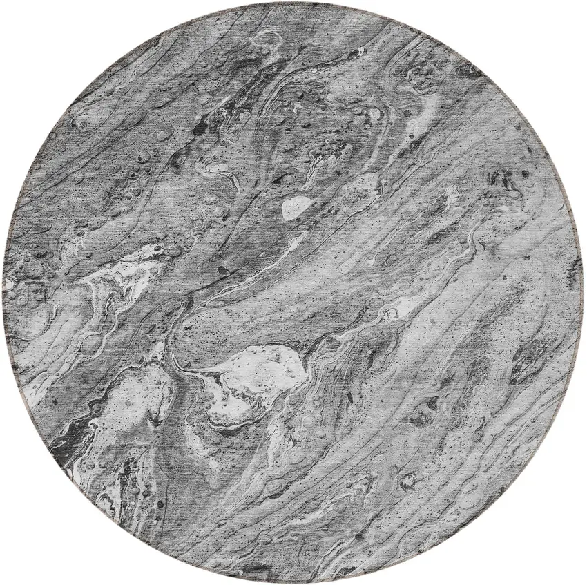 8' Gray Silver And Charcoal Round Abstract Washable Indoor Outdoor Area Rug Photo 5