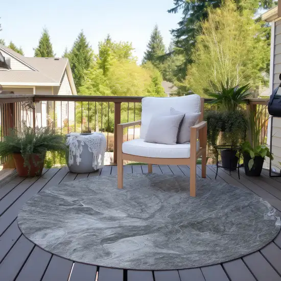 8' Gray Silver And Charcoal Round Abstract Washable Indoor Outdoor Area Rug Photo 6