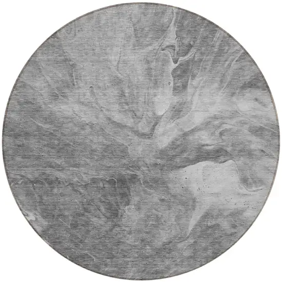 8' Gray Silver And Charcoal Round Abstract Washable Indoor Outdoor Area Rug Photo 5
