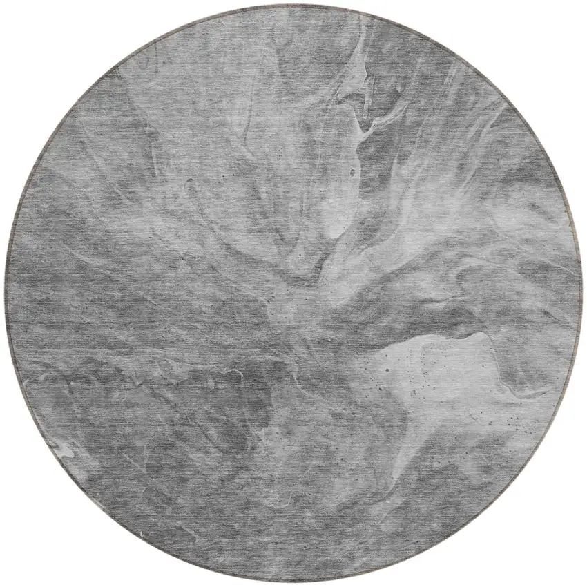 8' Gray Silver And Charcoal Round Abstract Washable Indoor Outdoor Area Rug Photo 5