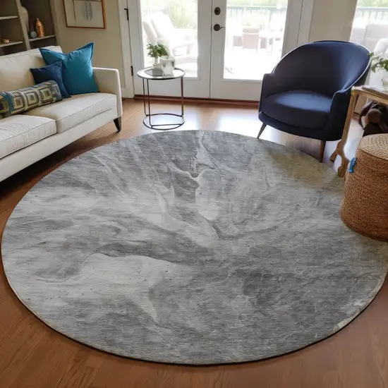 8' Gray Silver And Charcoal Round Abstract Washable Indoor Outdoor Area Rug Photo 7