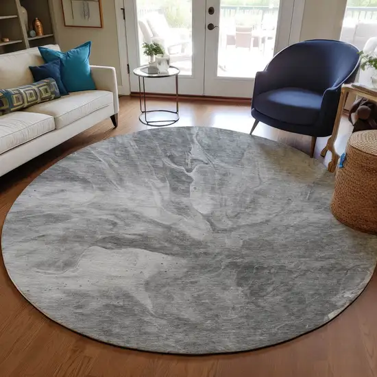 8' Gray Silver And Charcoal Round Abstract Washable Indoor Outdoor Area Rug Photo 7