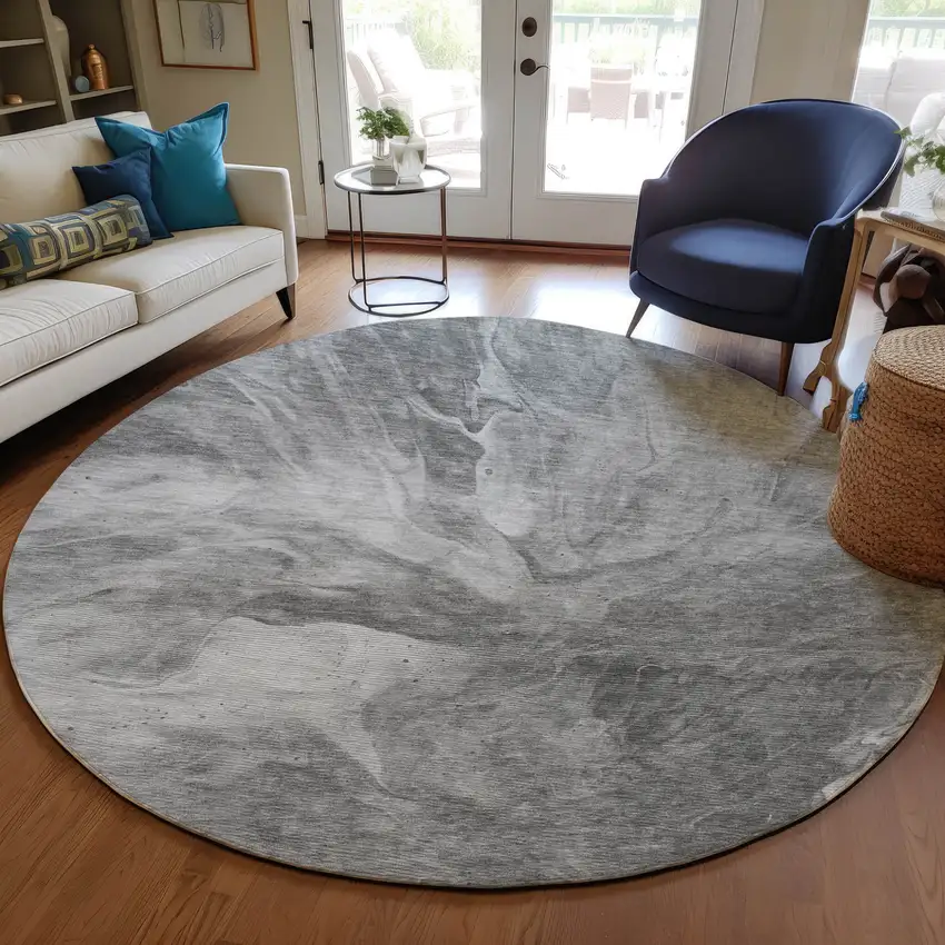 8' Gray Silver And Charcoal Round Abstract Washable Indoor Outdoor Area Rug Photo 7