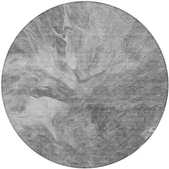 8' Gray Silver And Charcoal Round Abstract Washable Indoor Outdoor Area Rug Photo 1