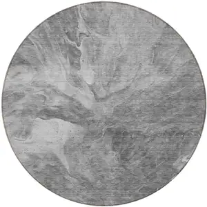 Photo of 8' Gray Silver And Charcoal Round Abstract Washable Indoor Outdoor Area Rug