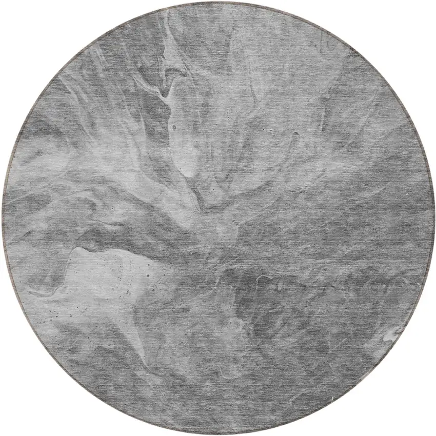8' Gray Silver And Charcoal Round Abstract Washable Indoor Outdoor Area Rug Photo 1