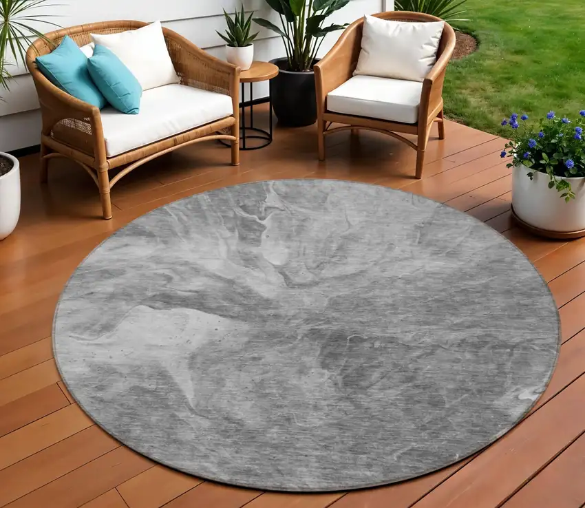 8' Gray Silver And Charcoal Round Abstract Washable Indoor Outdoor Area Rug Photo 1