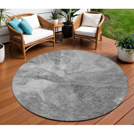 8' Gray Silver And Charcoal Round Abstract Washable Indoor Outdoor Area Rug Photo 1