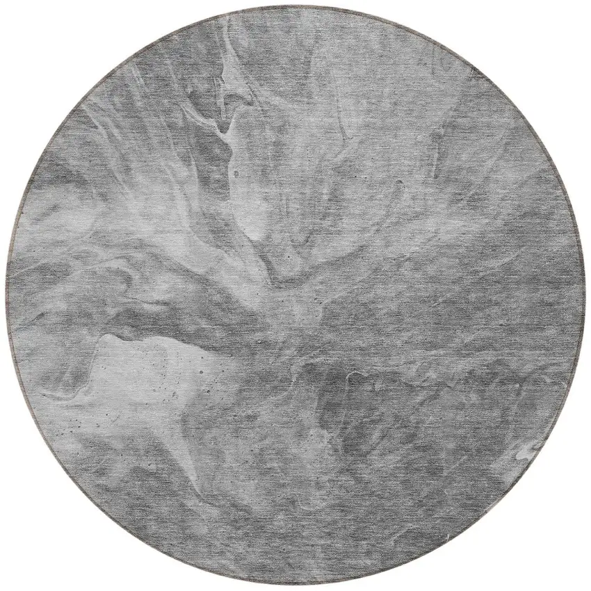 8' Gray Silver And Charcoal Round Abstract Washable Indoor Outdoor Area Rug Photo 4