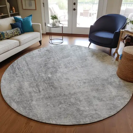 8' Gray Silver And Charcoal Round Abstract Washable Indoor Outdoor Area Rug Photo 7