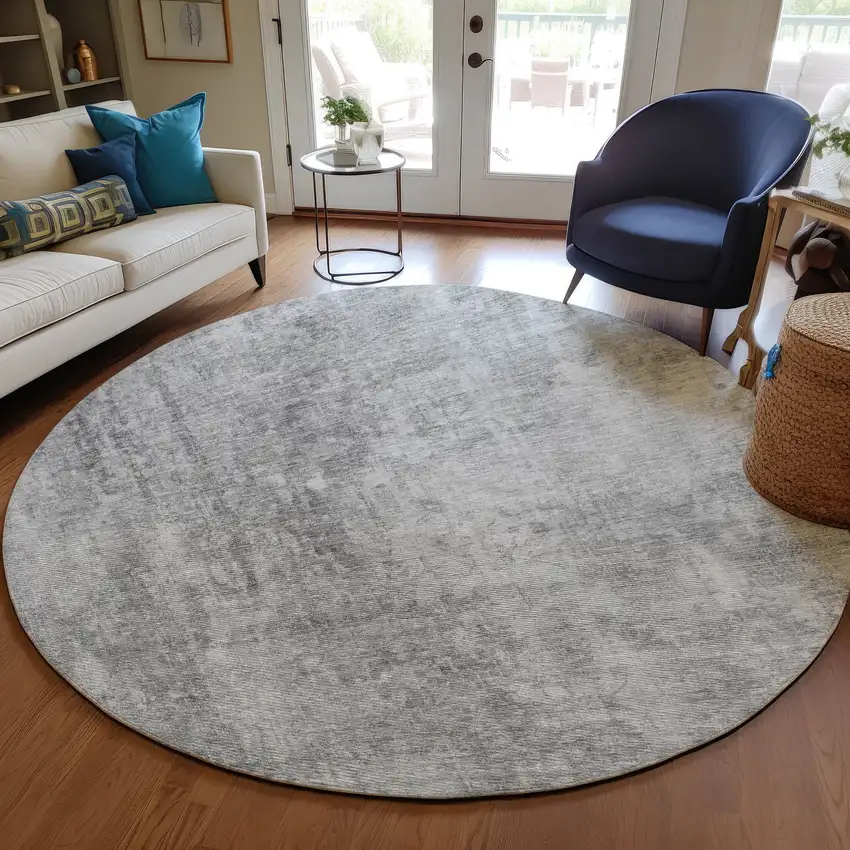 8' Gray Silver And Charcoal Round Abstract Washable Indoor Outdoor Area Rug Photo 7
