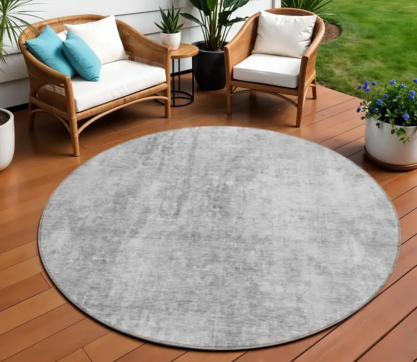 8' Gray Silver And Charcoal Round Abstract Washable Indoor Outdoor Area Rug Photo 1