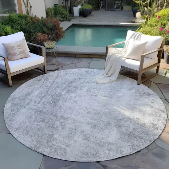8' Gray Silver And Charcoal Round Abstract Washable Indoor Outdoor Area Rug Photo 6