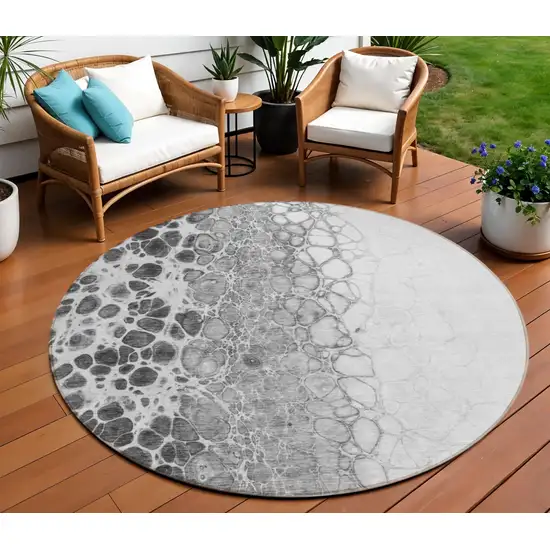 8' Gray Silver And Charcoal Round Abstract Washable Indoor Outdoor Area Rug Photo 1