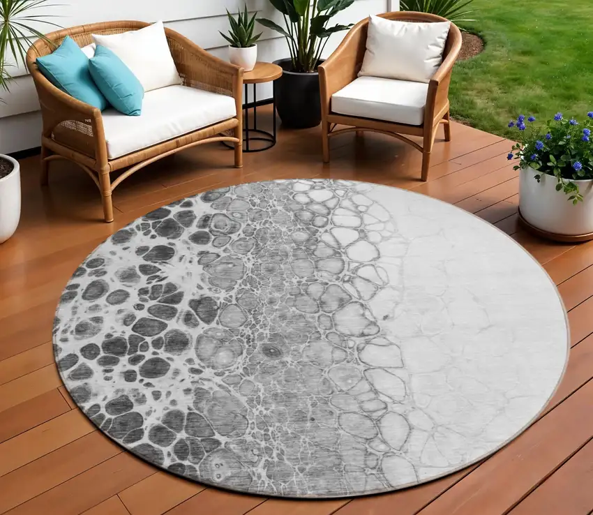 8' Gray Silver And Charcoal Round Abstract Washable Indoor Outdoor Area Rug Photo 1