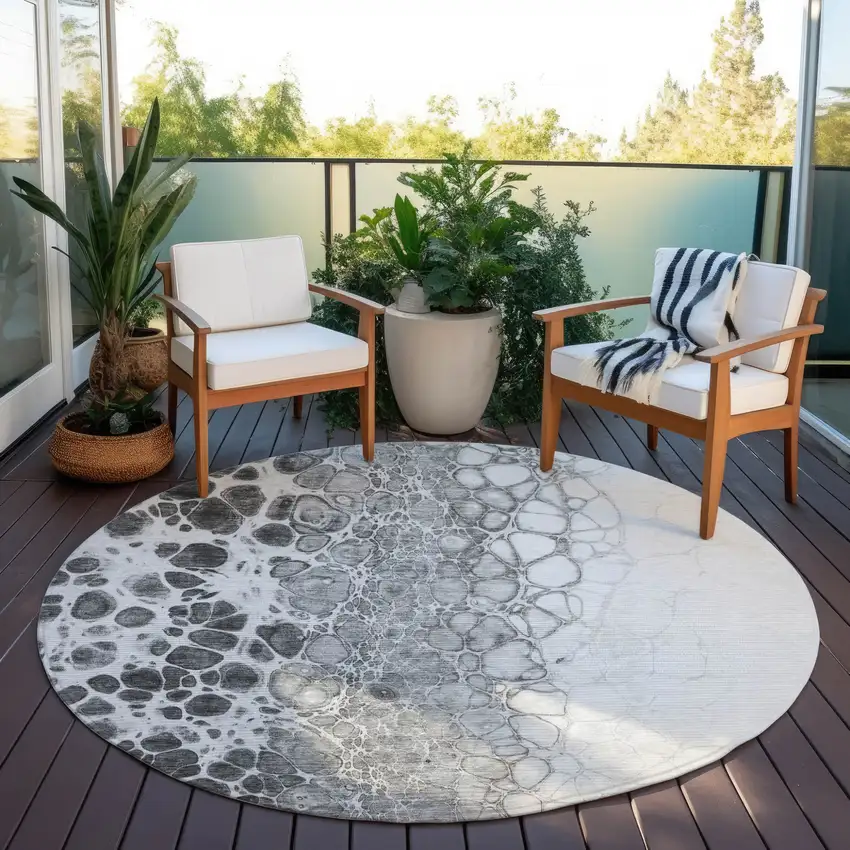 8' Gray Silver And Charcoal Round Abstract Washable Indoor Outdoor Area Rug Photo 6