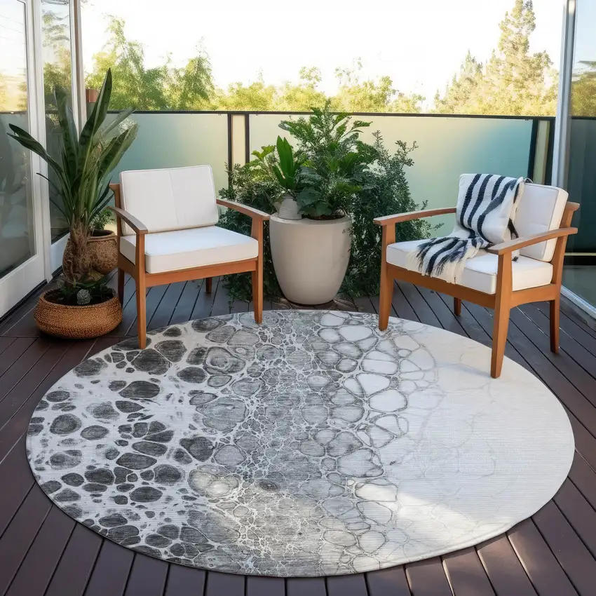8' Gray Silver And Charcoal Round Abstract Washable Indoor Outdoor Area Rug Photo 6